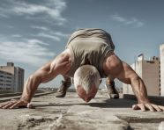 Male athlete doing pushup with arms raised