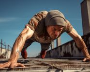 Athlete doing pushup with arms extended high