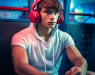 A man wearing headphones is traveling on an electric train and gazing out of the window.