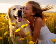A young girl in a white dress is hugging a golden retriever