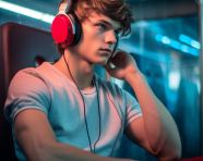 A young athlete is wearing a hoodie and headphones while listening to music during a flight.