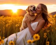 Adorable girl with golden retriever