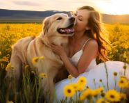 A young girl in a white dress is hugging a golden retriever in a field of wildflowers
