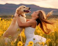Golden retriever and girl in field of flowers
