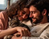 A young couple is sitting on the couch hugging their cat