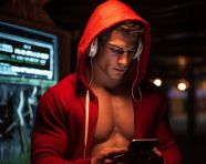 Young man in red hooded jacket doing cardio workout