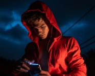 Young man in red hoodie running on treadmill
