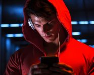 Male runner in red jacket sprinting on track