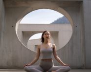 Woman in yoga pose against concrete wall