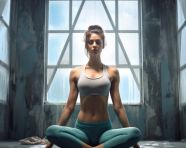 A woman stretches on a yoga mat in front of windows