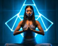 Woman in warrior pose contemplates in studio