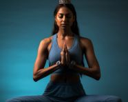 Woman in lotus pose meditates in studio