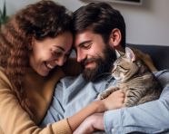 Couple and cat share sweet embrace