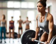 The woman is deadlifting a heavy weight in a gym