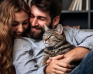 Cat is the third wheel in this cozy couple photo