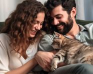 Happy couple and cat enjoy each other's company