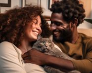 Young couple snuggles with cat on couch