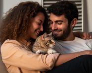 Couple and cat bask in the sunlight