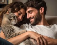 Young couple and cat share a special bond