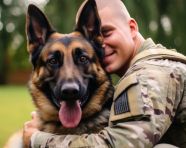 A soldier hugging his dog after returning home from deployment