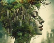 City and forest merge in imagination, concept style art