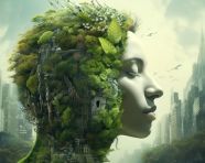 Women with green head in forest city, concept style art