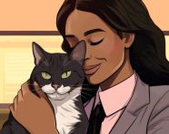 Tired woman hugs cat for stress relief