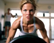 The woman is deadlifting a heavy weight in a closeup