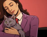 Pet lover relieving stress with cat cuddle