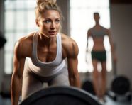 The woman is deadlifting a heavy weight