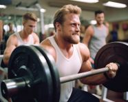 A man bench pressing a heavy weight in a gym