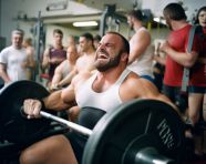 Muscular man bench presses in gym