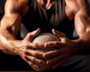 A close up of the mans hands as he grips the balance ball