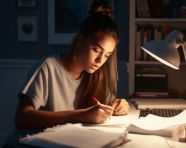 A young woman sits at a desk in her bedroom writing in a journal
