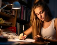 Young woman journaling in bedroom
