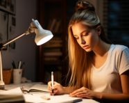 Young woman writing in journal at desk