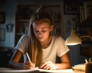 Woman ponders her thoughts while journaling