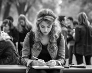A woman sits on a bench in a park writing in a journal