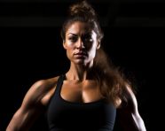 The woman is wearing a black sports bra and leggings