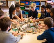 Students brainstorming in a circle