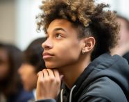 A close up portrait of one of the students as they brainstorm an idea