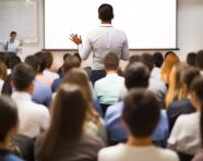 A wide angle shot of a teacher giving a lecture