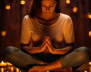 A person sitting in a lotus position in a dimly lit room