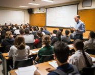 Teacher delivers lecture to students