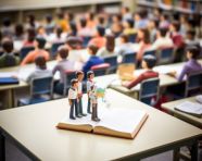 A tilt shift shot of a teacher giving a lecture in a large lecture hall