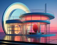 Dynamic interior with white smooth objects and gradient colored wave house, art moderne architecture