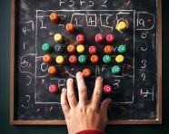 A close up shot of a teachers hands writing on a chalkboard
