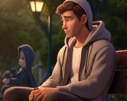 A man in his sits on a bench in a park