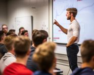 A long shot of a student giving a presentation about their experiment
