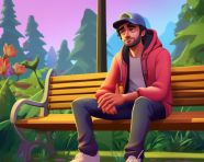 Sits on a bench in a park he is wearing a hoodie and jeans